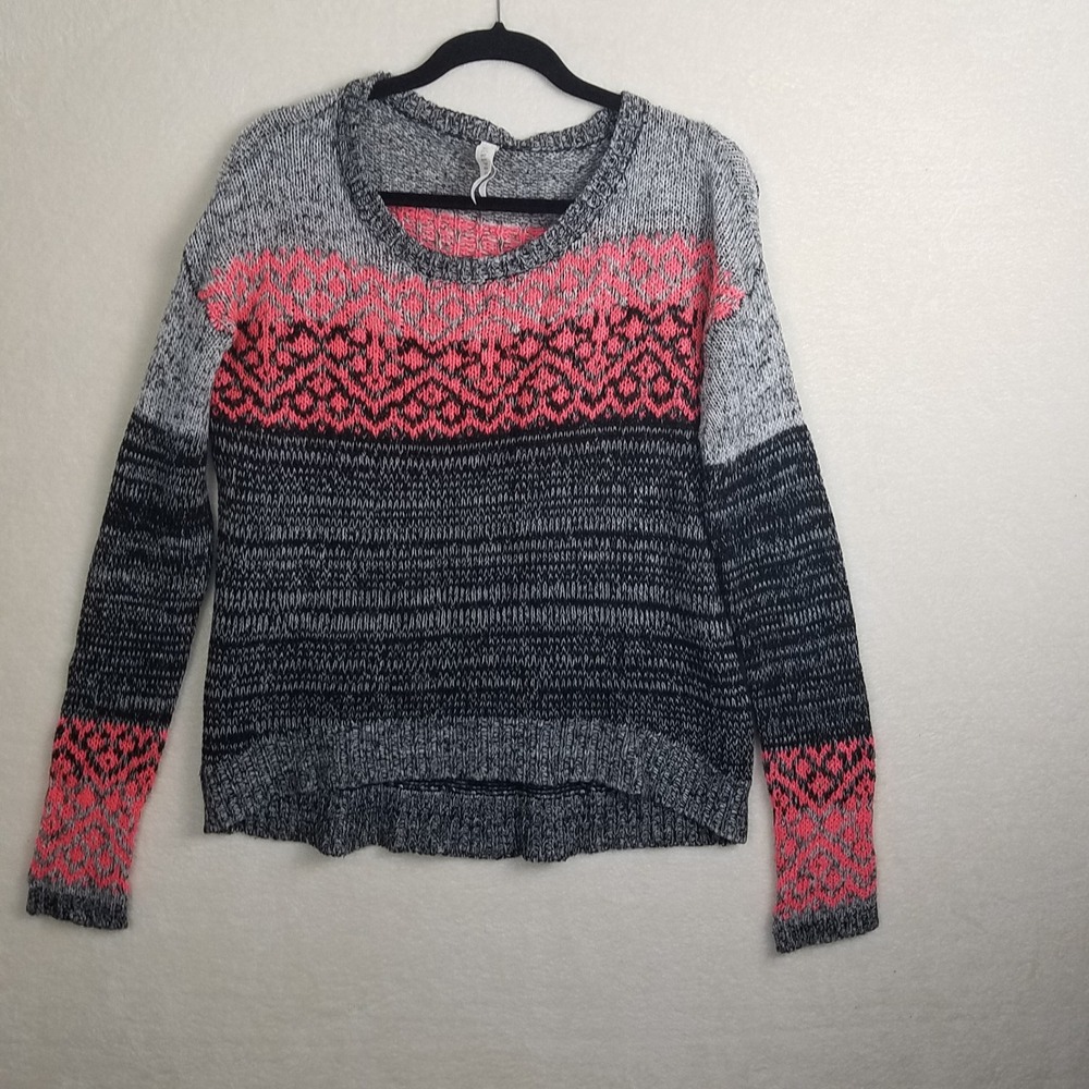 Aeropostale Women's L Gray Neon Pink Black Fair Isle Knit Sweater‎ strips baggy